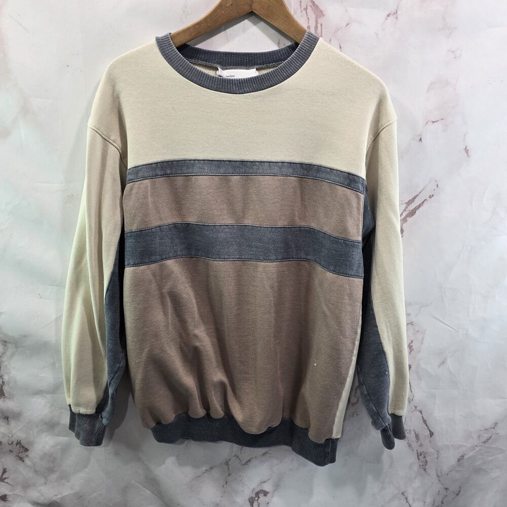 Vintage Sweatshirt Mens Medium 90s Brown Gray Neutral Pullover Colorblock